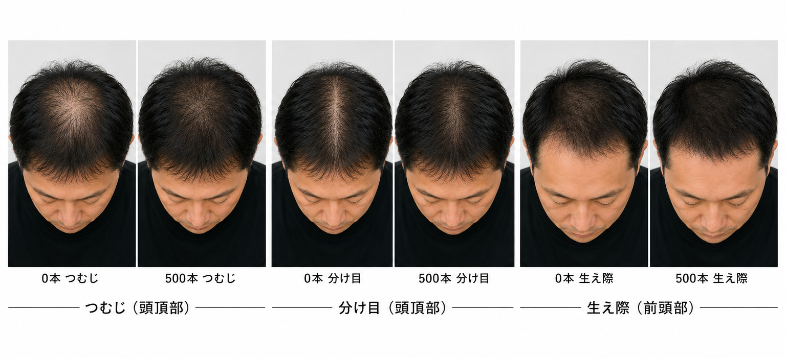 増毛500本をつむじ・分け目・生え際に付けた場合の見え方の違いイメージ