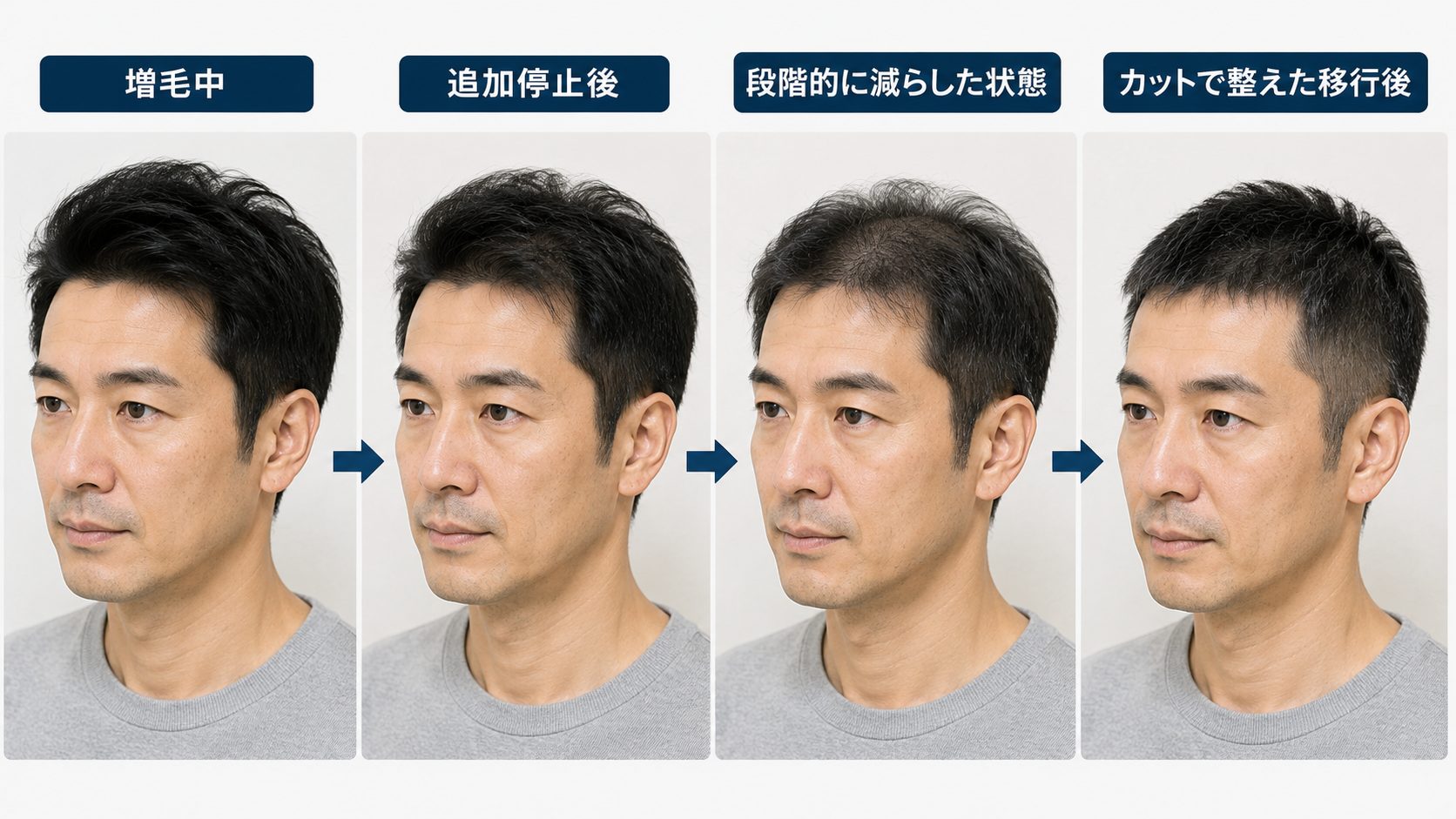 人工毛を段階的に減らしながら髪型を整えた場合の見た目の変化イメージ